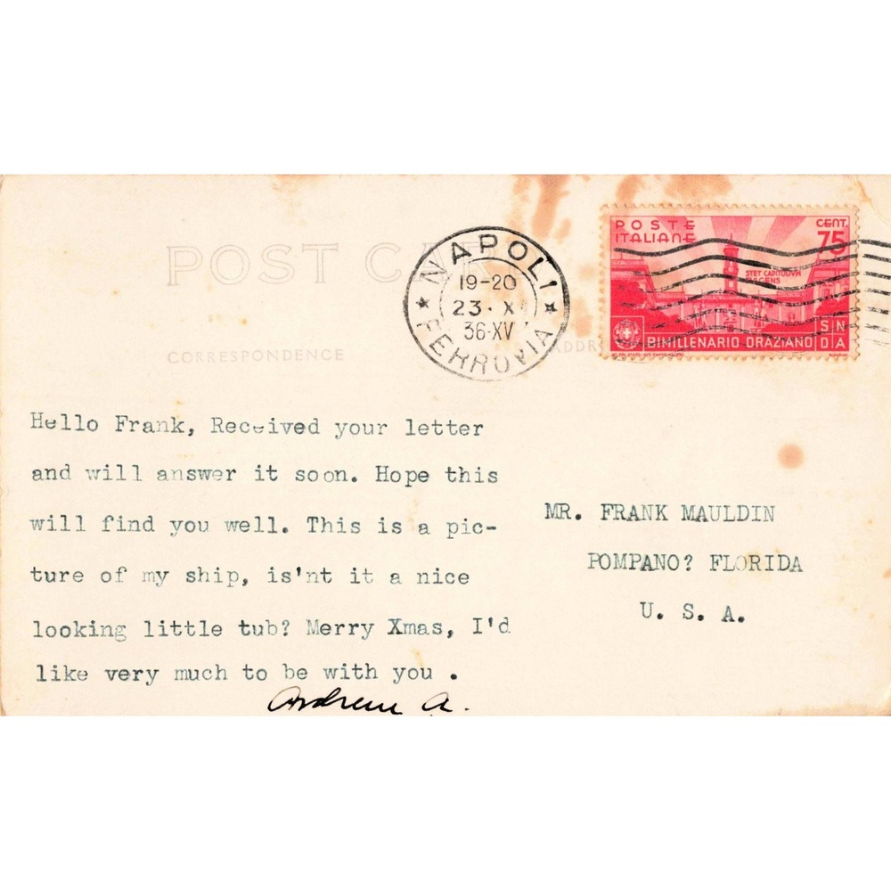 Vintage 1936 S.S. Exochorda RPPC Postcard Italian Stamp Napoli Postmark - Picture 2 of 2